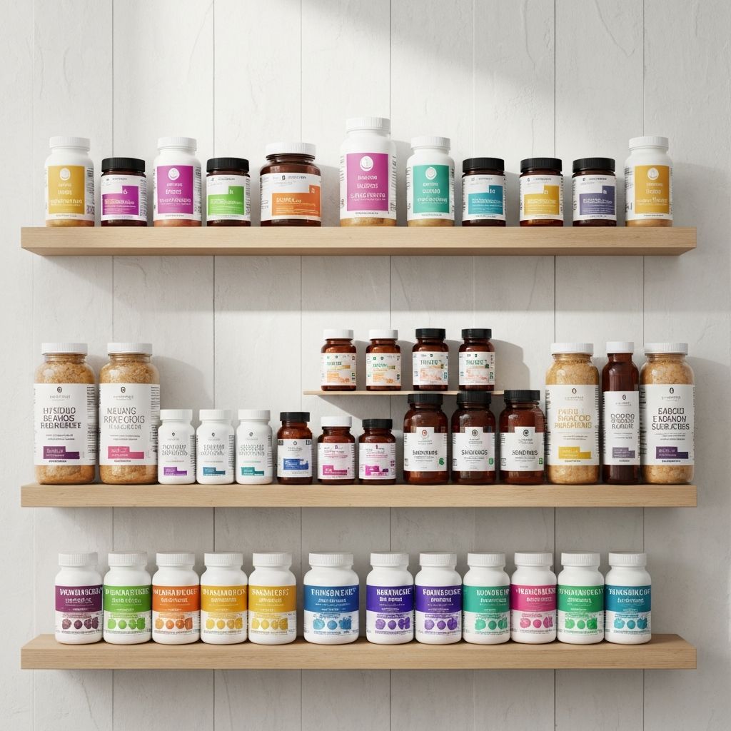 Organisiertes Regal mit Supplement-Gläsern, Kapseln und funktionalen Pulvern